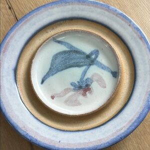 Handcrafted Small Ceramic Dish with Blue and Tan Design for Jewelry or Trinkets.